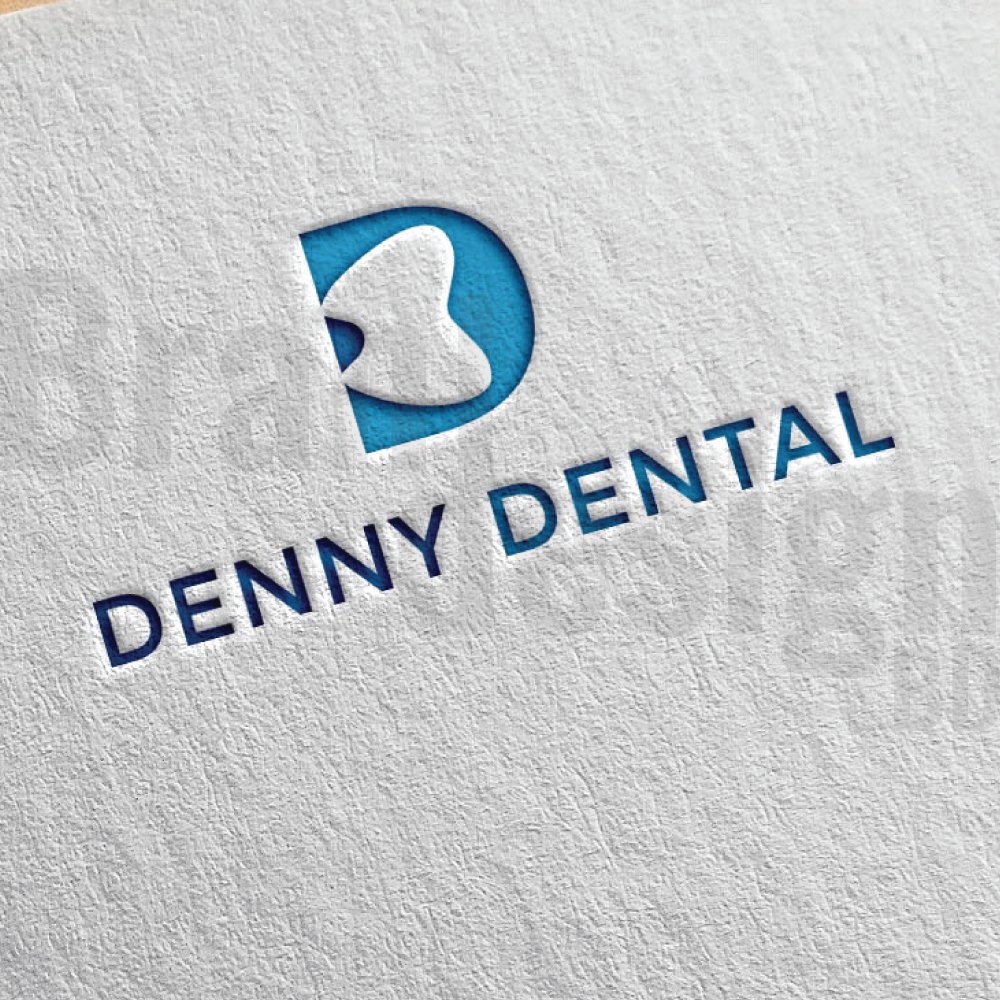 A combination mark logo for DENNY DENTAL, featuring the letter D with a tooth shape integrated into the negative space. The logo is blue and is presented on a textured, light-colored paper.