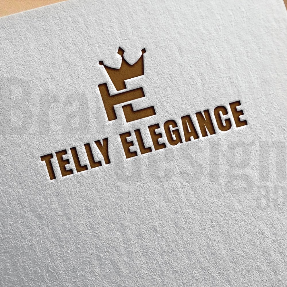 A combination mark logo for TELLY ELEGANCE, featuring the letters T and E stylized to form a crown. The logo is debossed in a golden-brown color on a textured paper.