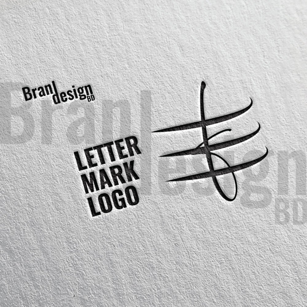 A lettermark logo design featuring a stylized, abstract letter on a textured paper background, with the words LETTER MARK LOGO in a modern sans-serif font. The image is in black and white.