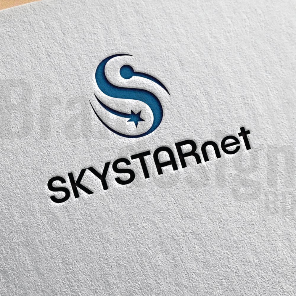 A combination mark logo for SKYSTARnet, featuring a stylized S with a star icon at the bottom, presented in blue and dark text on a textured, light-colored paper.