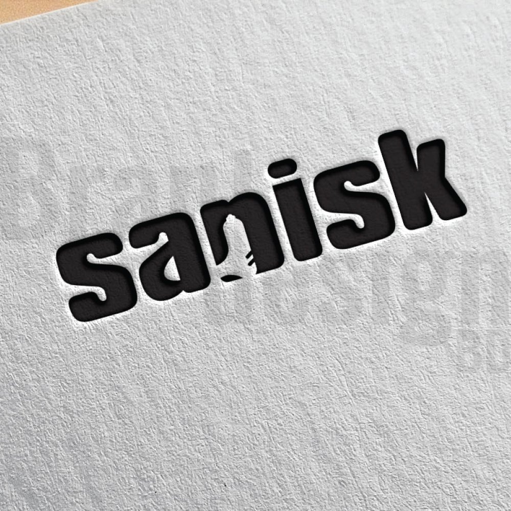 A negative space logo for the word Sanisk, featuring a USB flash drive icon subtly formed in the letters. The text is in a dark, rounded font on textured paper.