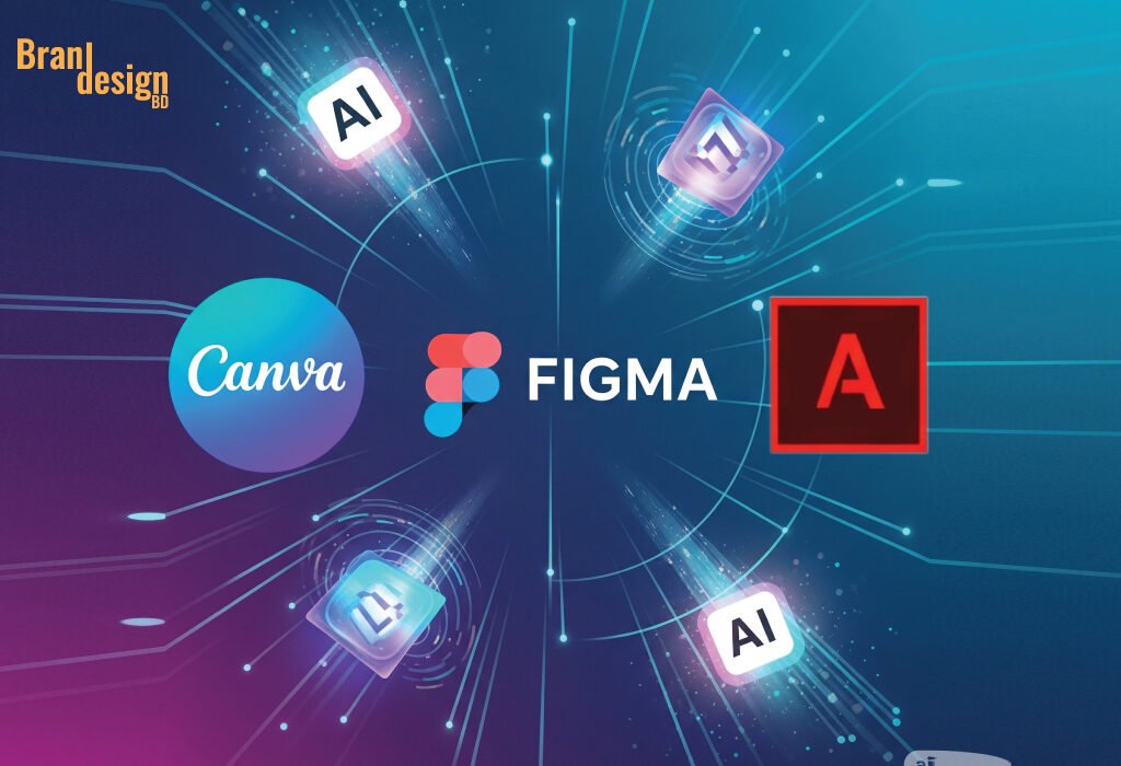 A graphic illustrating AI integration with the logos of Canva, Figma, and Adobe. Glowing lines and abstract AI symbols radiate from a central point, connecting the three brand logos, signifying the blend of artificial intelligence within these design platforms.