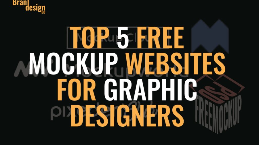 Top 5 Free Mockup Websites for Graphic Designers title card with orange and white text on a dark background, featuring subtle graphic design elements.