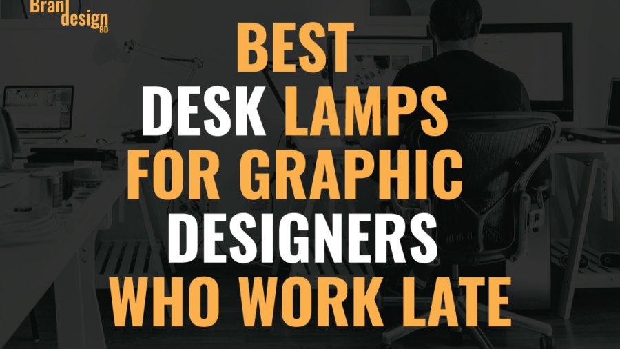 A person sits at a desk with a computer in a dimly lit room, with text overlaid that reads BEST DESK LAMPS FOR GRAPHIC DESIGNERS WHO WORK LATE.