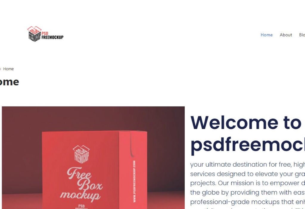 Screenshot of the psdfreemockup.com website homepage, one of the top free mockup websites, featuring their logo and a red Free Box mockup with text Welcome to psdfreemockup.