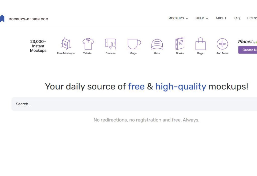 Screenshot of the Mockups-Design.com website, showcasing over 23,000 instant free mockups for categories like T-shirts, Devices, Mugs, Hats, Books, and Bags, highlighting it as a premier destination among free mockup websites.