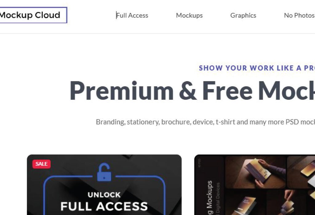 Screenshot of the Mockup Cloud website, prominently displaying "Premium & Free Mockups" as a key offering among free mockup websites, with categories for branding, stationery, brochures, devices, and t-shirts.