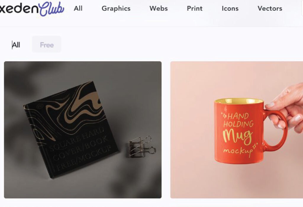 Screenshot of Pixeden Club, one of the top free mockup websites, displaying a black square hard cover book mockup with gold accents and a red hand-holding mug mockup.
