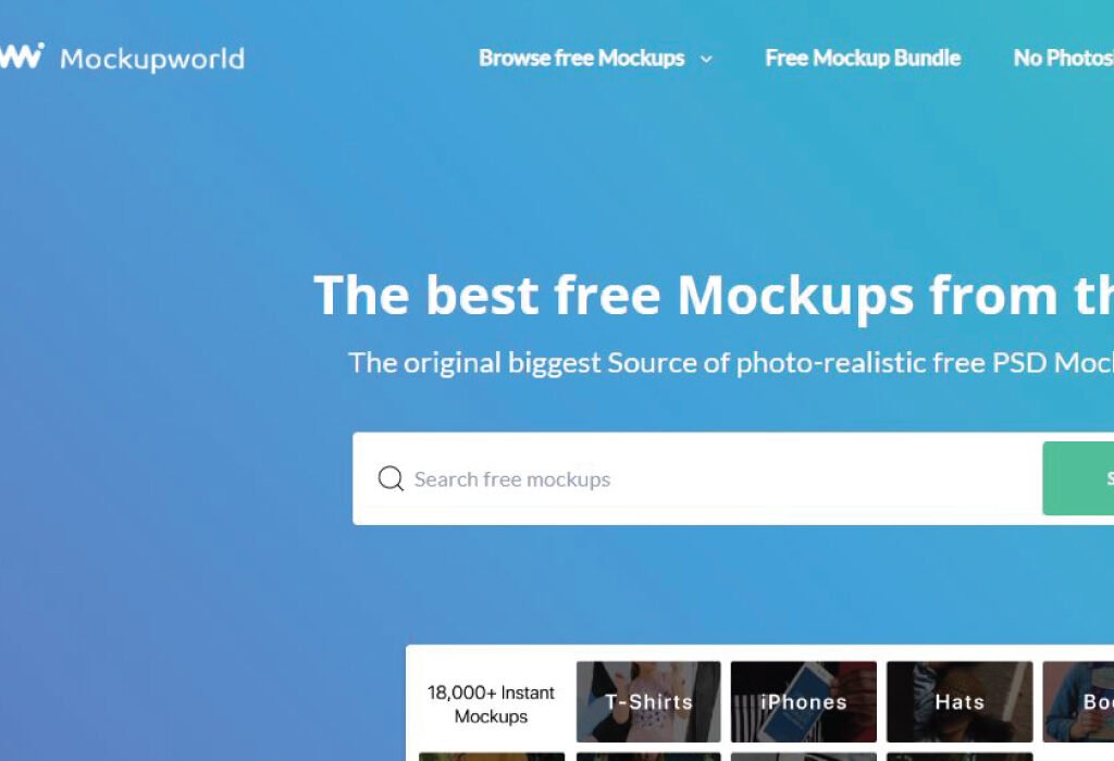 Screenshot of the Mockupworld website homepage, featuring a search bar for free mockups and categories like T-Shirts, iPhones, Hats, and Books, establishing it as one of the prominent free mockup websites.