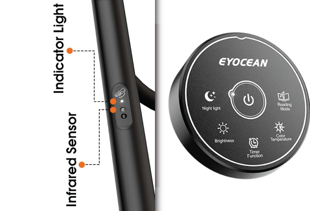 A close-up of the controls for an EyOcean desk lamp, showing a circular remote with buttons for Night light, Brightness, Color Temperature, and a Timer Function. The lamp's stem is also shown, highlighting an Infrared Sensor and an Indicator Light, all crucial features for Desk Lamps for Graphic Designers.