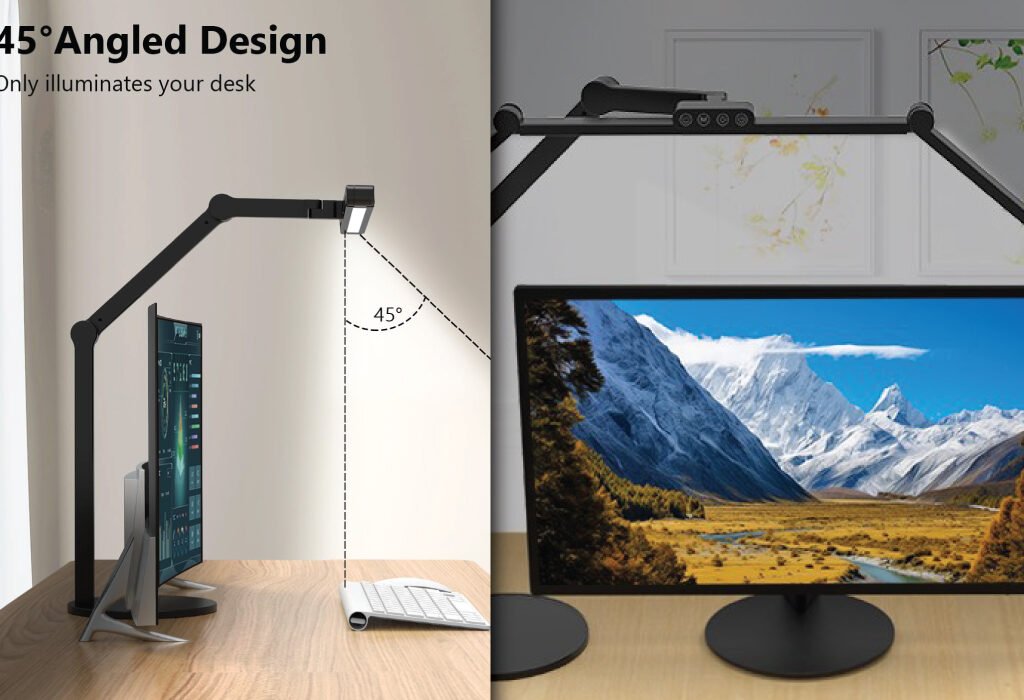 An adjustable desk lamp with a 45-degree angled design to illuminate a computer desk, representing a solution for Desk Lamps for Graphic Designers.