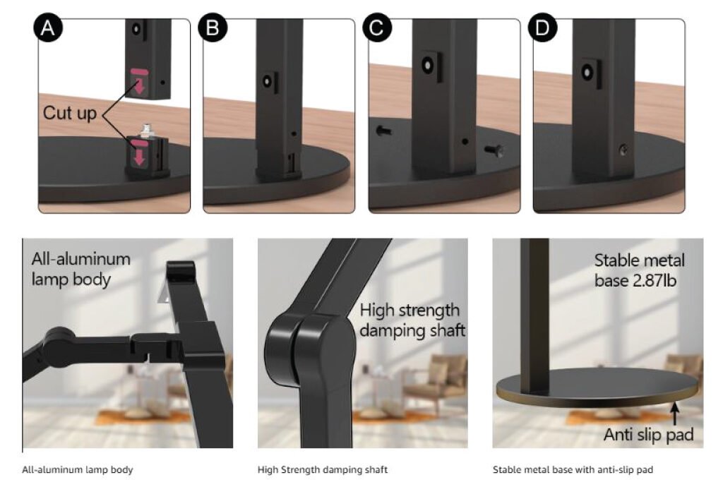 A collage of images showing the assembly steps and construction details of a desk lamp, including an all-aluminum body, damping shaft, and a stable metal base with an anti-slip pad, highlighting the quality of Desk Lamps for Graphic Designers.