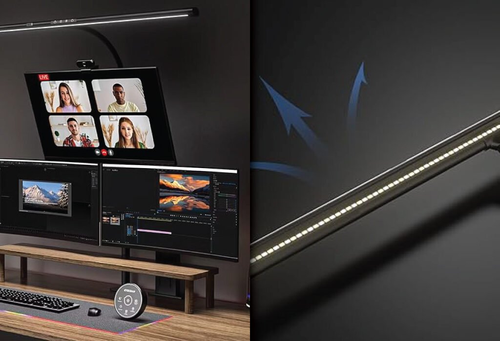 A split image showing a modern desk setup on the left, with two computer monitors and a third screen above, all lit by a long, overhead desk lamp. The right side is a close-up of the lamp, with arrows indicating light direction, highlighting a key feature of Desk Lamps for Graphic Designers. The main screen shows a video conference call.