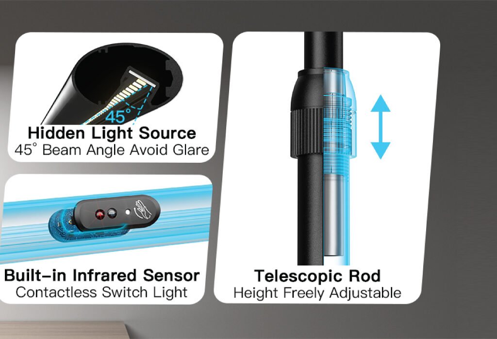Close-ups of a desk lamp's features: a hidden light source to avoid glare, a contactless switch with an infrared sensor, and a height-adjustable telescopic rod.