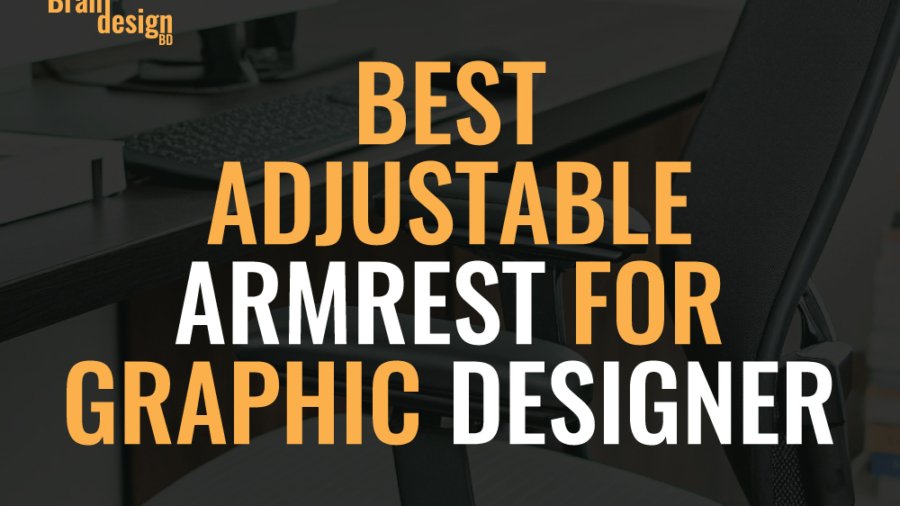 A collage of two images related to adjustable armrests. The first shows a close-up of a chair armrest, highlighting it as the best adjustable armrest for a graphic designer. The second image shows a clamp-on armrest that rotates 180°, demonstrating a specialized accessory for ergonomic support.