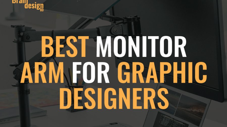 A collage of images showcasing monitor arms. One image shows a single monitor arm in a graphic designer's workstation, with text that labels it the best monitor arm for graphic designers. Another image highlights how a single arm creates more desk space, while a third illustrates a dual arm setup, compatible with both dual horizontal and dual vertical mounting.
