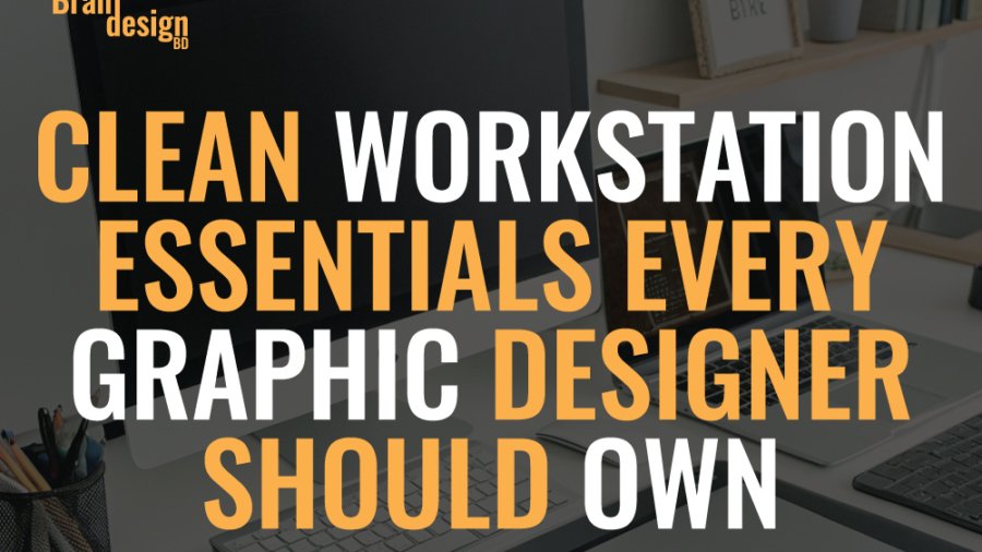 A collage of images related to graphic design workstation essentials. One image shows a desk with a laptop and a pen holder, with the text Clean Workstation Essentials Every Graphic Designer Should Own. Other images depict a wire clamp for cable management, a wireless mouse with a Noiseless Click and a keyboard, and a comparison of an ergonomic vs. a non-ergonomic chair. Another image provides Ergonomic Tips for a Healthier Graphic Design Workflow.