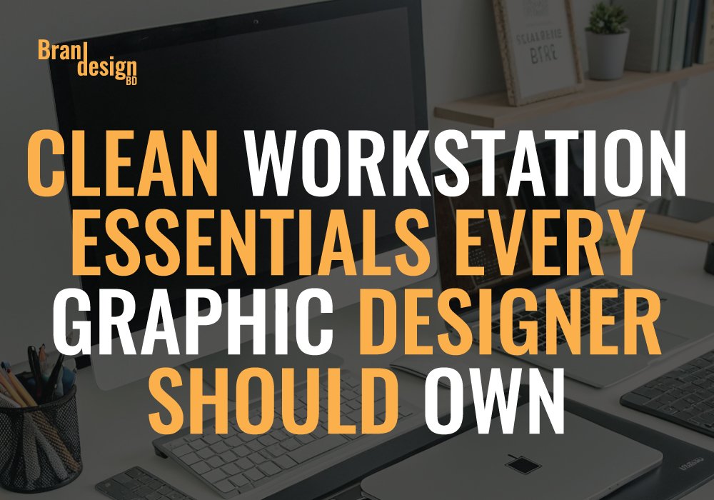 A collage of images related to graphic design workstation essentials. One image shows a desk with a laptop and a pen holder, with the text Clean Workstation Essentials Every Graphic Designer Should Own. Other images depict a wire clamp for cable management, a wireless mouse with a Noiseless Click and a keyboard, and a comparison of an ergonomic vs. a non-ergonomic chair. Another image provides Ergonomic Tips for a Healthier Graphic Design Workflow.