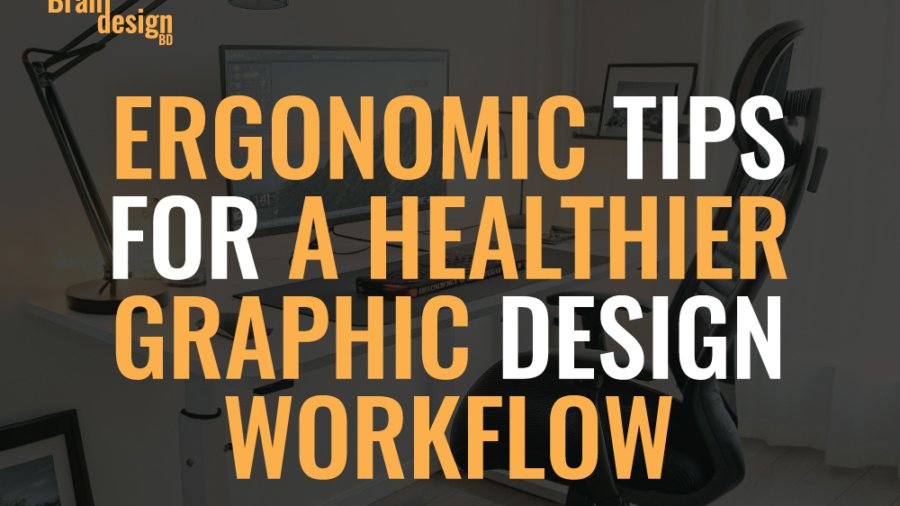 A collage of three images focused on ergonomics for graphic designers. One image shows a workspace with an ergonomic chair and a computer, with the text Ergonomic Tips for a Healthier Graphic Design Workflow. A second image features a monitor arm with the text Best Monitor Arm for Graphic Designers. The third image shows an adjustable armrest, detailing its dimensions, material (ABS sponge pad surface), and installation method.