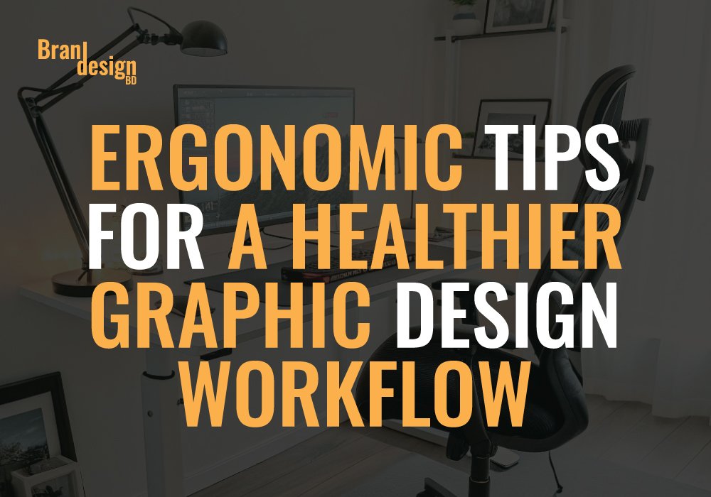 A collage of three images focused on ergonomics for graphic designers. One image shows a workspace with an ergonomic chair and a computer, with the text Ergonomic Tips for a Healthier Graphic Design Workflow. A second image features a monitor arm with the text Best Monitor Arm for Graphic Designers. The third image shows an adjustable armrest, detailing its dimensions, material (ABS sponge pad surface), and installation method.