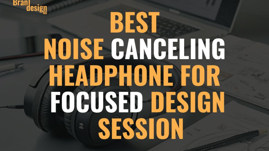 A pair of black over-ear headphones sit on a desk next to a notebook and pen. The text BEST NOISE CANCELING HEADPHONE FOR FOCUSED DESIGN SESSION is overlaid, emphasizing the use of a Noise Cancelling Headphone for creative work.