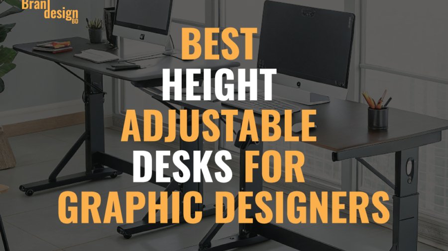 Two modern height adjustable desks are shown, one in a sitting position and one in a standing position, with computer monitors and design tools, highlighting the best Height Adjustable Desks for Graphic Designers.