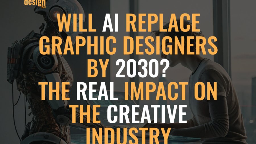 A person sits at a desk with a laptop, while a humanoid robot stands beside them. The image poses the question of whether AI will replace graphic designers by 2030 and discusses the real impact on the creative industry.