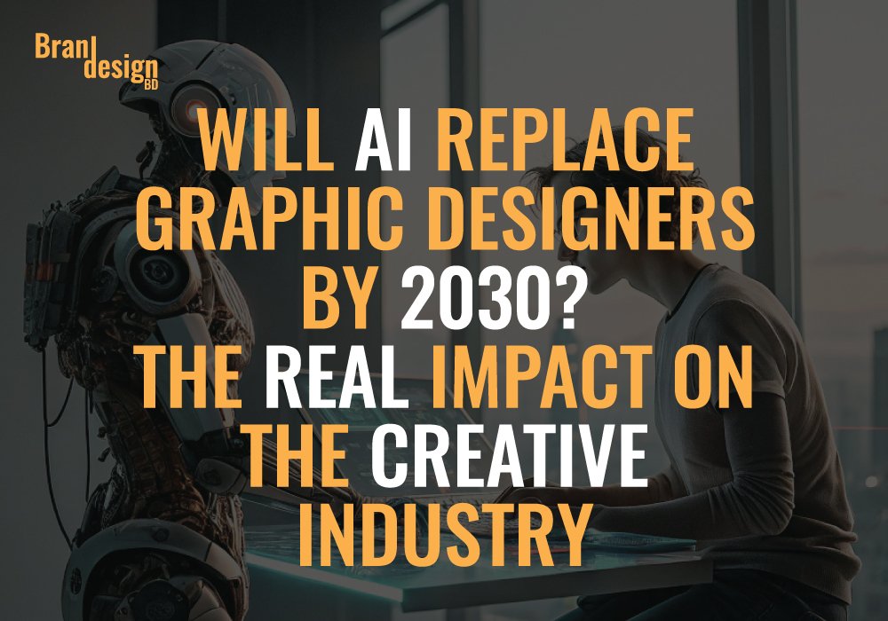 A person sits at a desk with a laptop, while a humanoid robot stands beside them. The image poses the question of whether AI will replace graphic designers by 2030 and discusses the real impact on the creative industry.