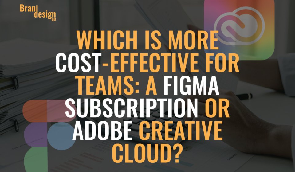 An office desk with a pile of documents, a pen, and text overlay that reads WHICH IS MORE COST-EFFECTIVE FOR TEAMS: A FIGMA SUBSCRIPTION OR ADOBE CREATIVE CLOUD? There are also colorful shapes and a partial Adobe Creative Cloud logo in the background.