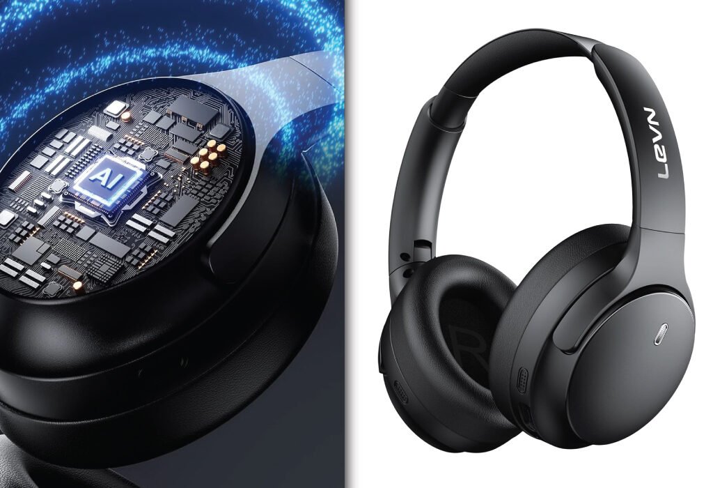 A split image showing the advanced AI-powered internal circuitry of an ear cup on the left, and a full view of the black LEVN.