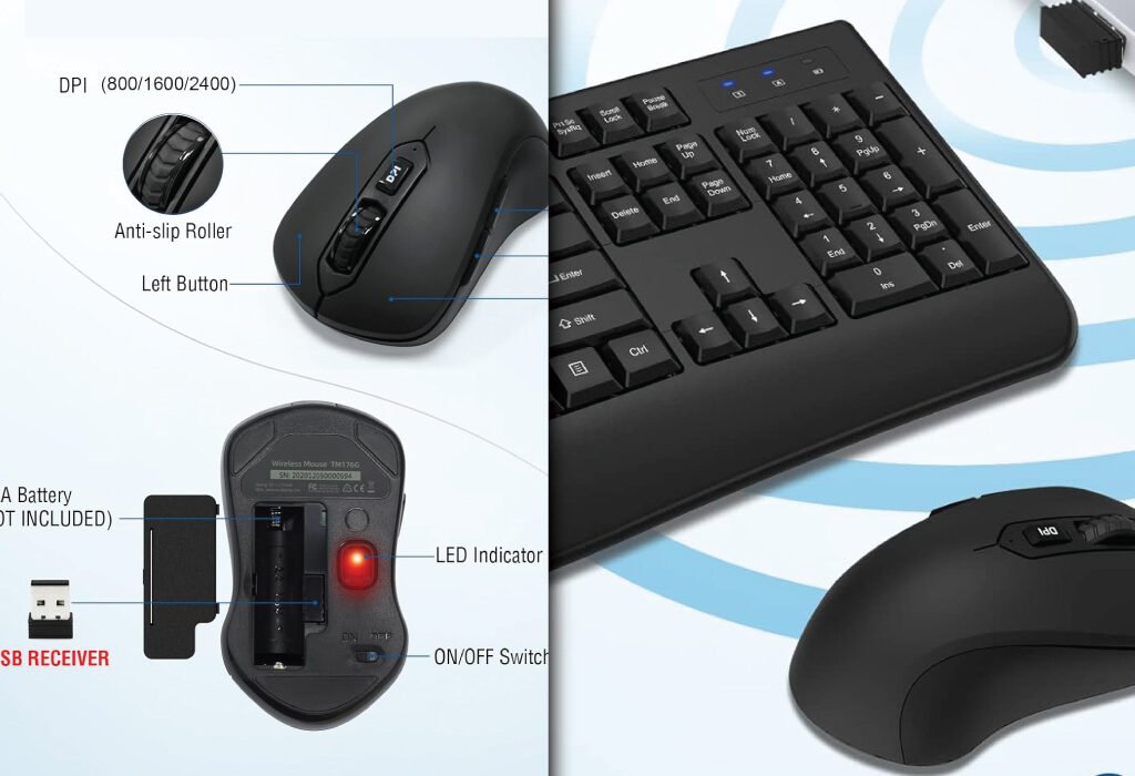 A detailed image of a black wireless keyboard and mouse combination, highlighting features like adjustable DPI, anti-slip roller, USB receiver, and battery compartment.