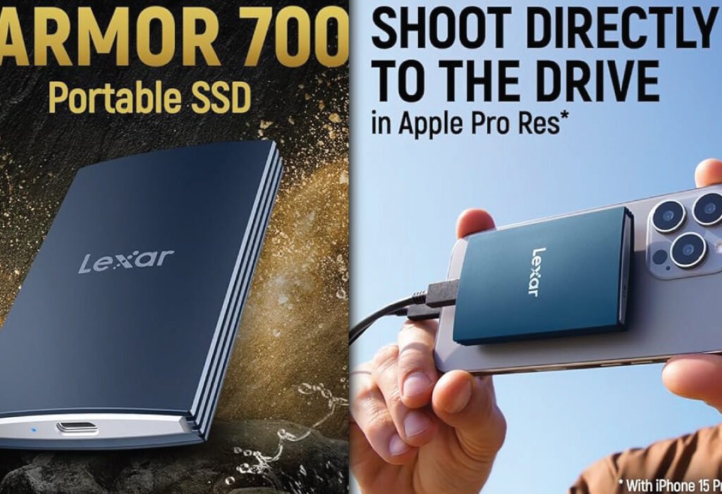 A collage featuring the Lexar Armor 700 Portable SSD. The left panel shows the portable drive itself, while the right panel shows it connected to an iPhone 15 Pro, highlighting its ability to shoot video directly to the drive.