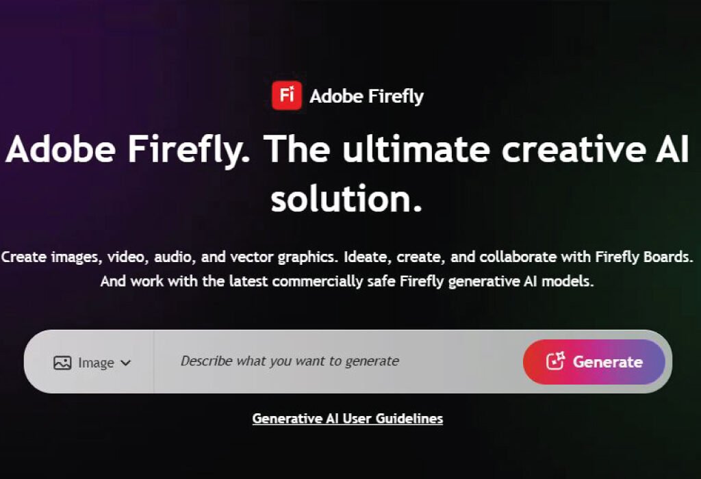 A screenshot of the Adobe Firefly website with the text Adobe Firefly. The ultimate creative AI solution.