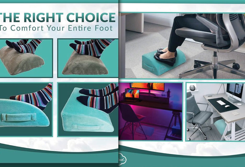 A collage highlighting a footrest cushion's features, including its reversible design for different comfort levels and its use under a desk. The text THE RIGHT CHOICE To Comfort Your Entire Foot is prominently displayed, showing it as a key item among Footrest Cushion for Graphic Design Agency Setup Accessories.
