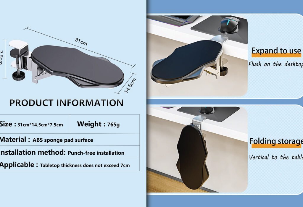 A collage of images showcasing the Best Adjustable Armrests for Graphic Designer. One image has the title text, while others show a clamp-on armrest that rotates 180° and provides product information, including a punch-free installation method. This highlights the Miocololy Adjustable Armrest as a solution for ergonomic workspace needs.