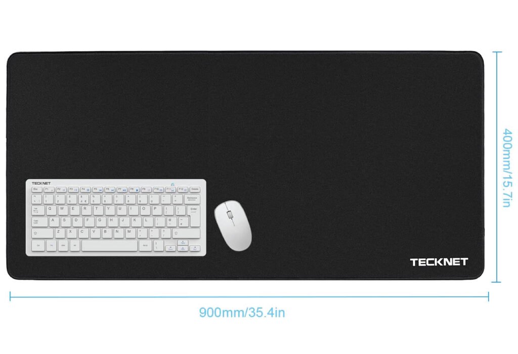 A collage of two images highlighting a black desk mat. One image shows a full desk setup with a title text Best Desk Mat for Graphic Designer. The other image focuses on the TECKNET brand mat, showcasing its durable, stitched edges and smooth surface texture, illustrating why it is the ideal choice for designers.