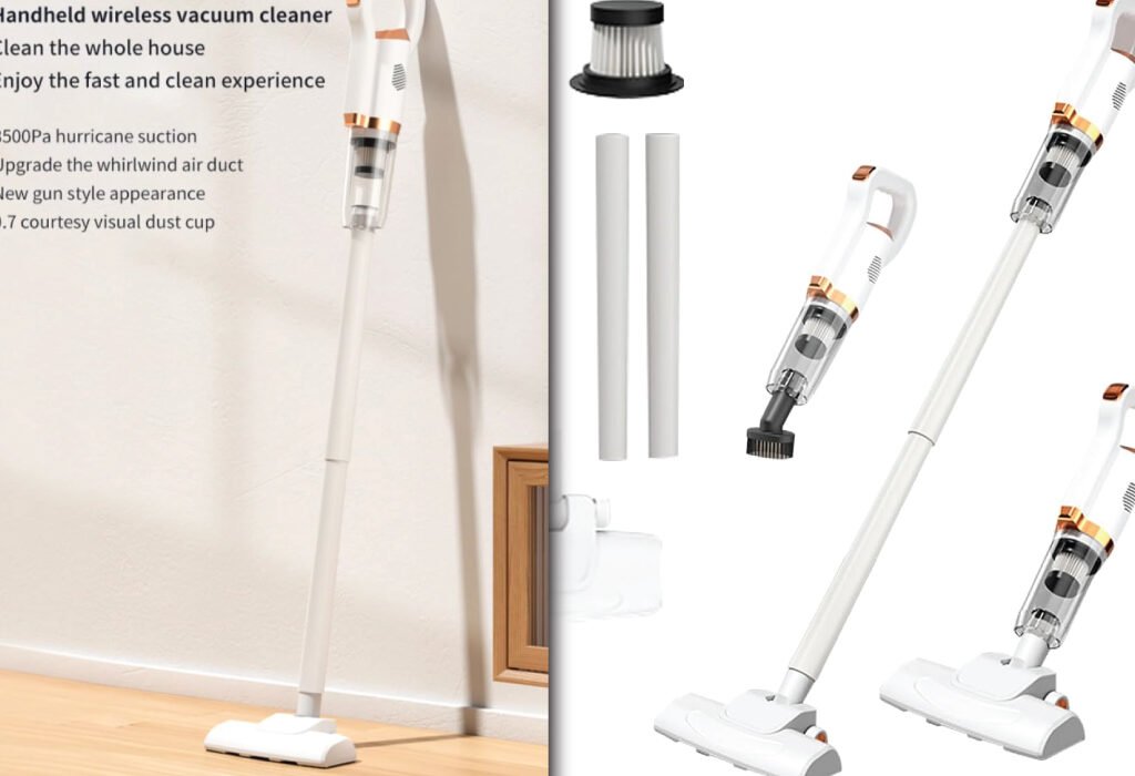 White handheld wireless vacuum cleaner with attachments and a filter, shown in multiple views for cleaning workstations.
