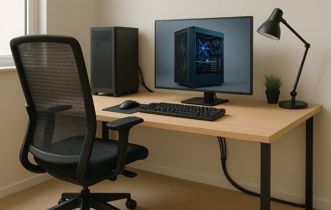 A tidy and well-ventilated desk setup for a designer, featuring a mesh office chair, a monitor displaying an illuminated PC case, a keyboard, a mouse on a pad, a speaker, a desk lamp, and a small potted plant.