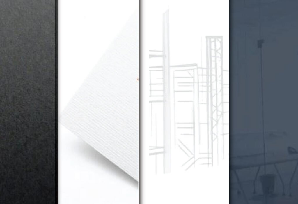 A four-panel abstract collage with various textures, including a dark gray surface, a white textured paper corner, a light gray line drawing of scaffolding, and a dark blue blurred background, used for a Logo Presentation Mockup PSD.