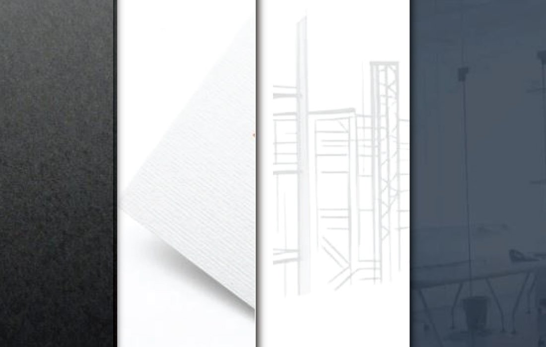 A four-panel abstract collage with various textures, including a dark gray surface, a white textured paper corner, a light gray line drawing of scaffolding, and a dark blue blurred background, used for a Logo Presentation Mockup PSD.
