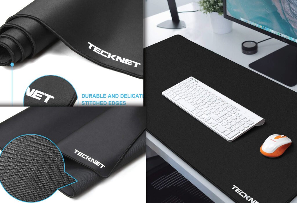 A split image showing a black TECKNET brand Mouse and keyboard Pad. The left side highlights its durable stitched edges and textured surface, while the right shows the large pad laid out on a desk with a keyboard and mouse.