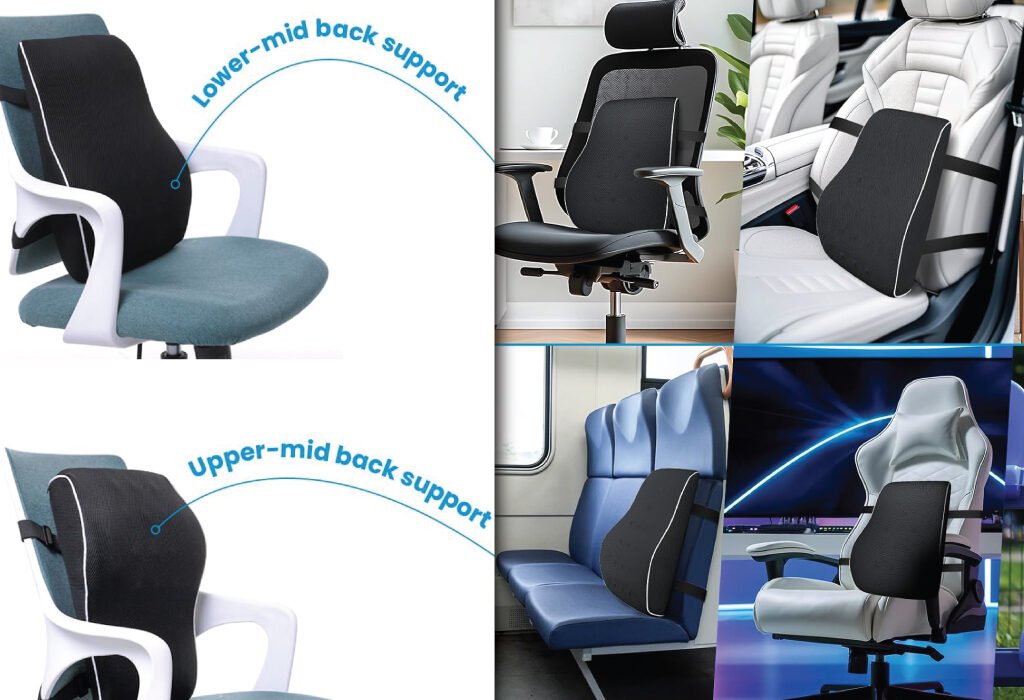 A collage showing a black lumbar support pillow. It highlights its use for both lower-mid and upper-mid back support and its versatility in various settings, from office chairs to car and train seats, making it a valuable Lumbar Support Pillow for Graphic Design Agency Setup Accessories.