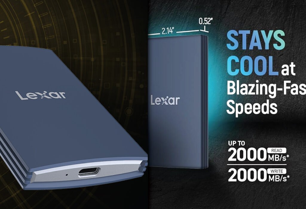 A close-up of a Lexar portable external hard drive, highlighting its compact size and performance. The text STAYS COOL at Blazing-Fast Speeds is shown alongside read and write speeds of up to 2000 MB/s.