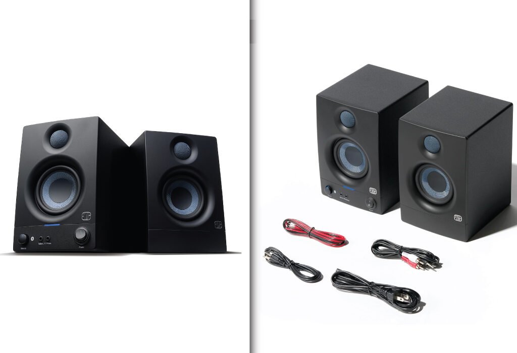 A split image showing a pair of black studio monitor speakers from different angles. The right panel also shows the various connecting cables, highlighting the full setup for Studio Monitor Speakers for Graphic and web Design Agency Setup Accessories.