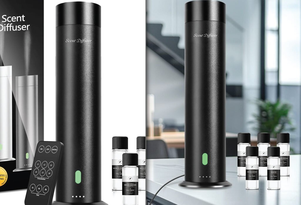 Black and silver scent diffusers with a remote control and essential oil bottles, displayed on a desk and in their packaging.