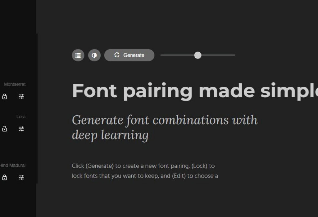 a website with the title Font pairing made simple, and an explanation of how it generates font combinations using deep learning.