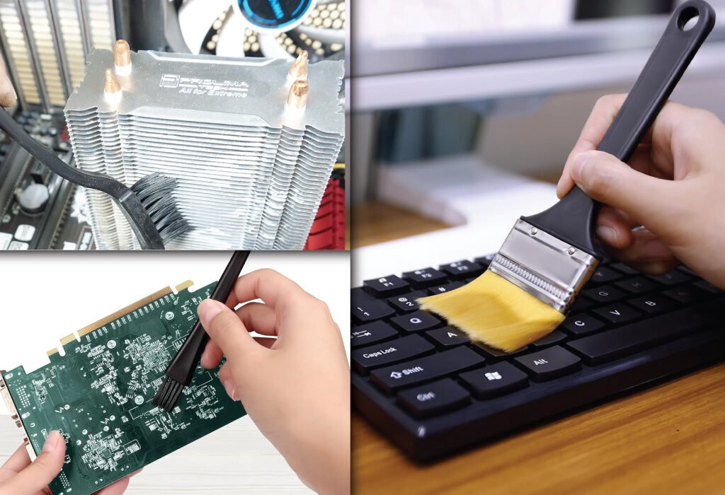 Set of cleaning brushes being used to clean a computer keyboard, a CPU heatsink, and a graphics card.