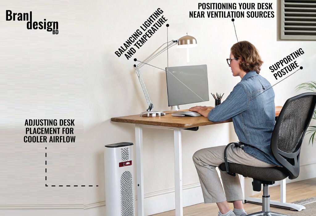 A man sitting at a wooden desk with a computer and a desk lamp, demonstrating a well-ventilated and ergonomically sound workspace. Text overlays point to elements like adjusting desk placement for cooler airflow, balancing lighting and temperature, positioning the desk near ventilation sources, and supporting posture.