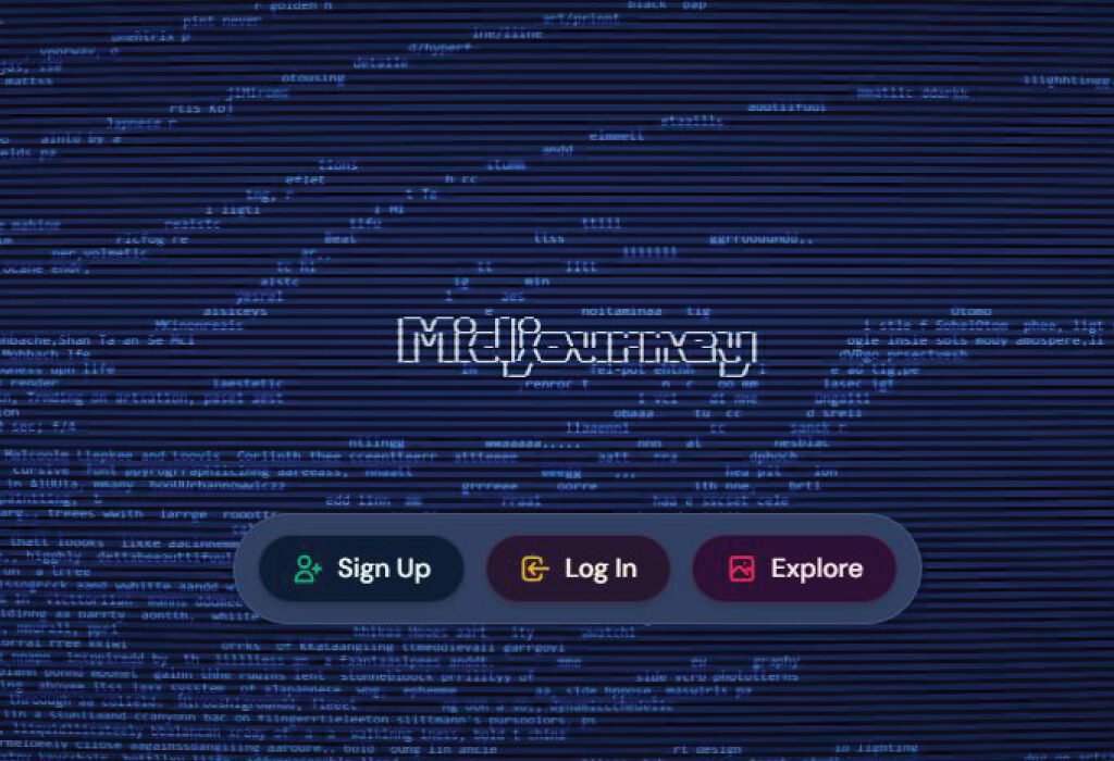Midjourney AI website with text and three buttons for Sign Up, Log In, and Explore.