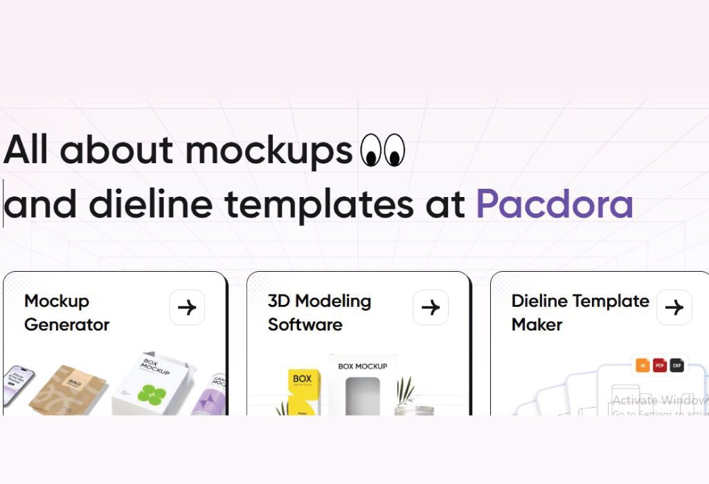 Pacdora website with options for Mockup Generator, 3D Modeling Software, and Dieline Template Maker.